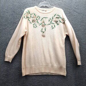 Vintage C.P. Collection Cream Wool Sweater 80's Embroidered Floral Beads Holiday